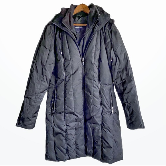 Nautica Black Down Quilted Puffer Style Long Parka Coat Sherpa Lined Hood Zip Up - Picture 4 of 13